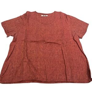 Flax Linen Womens Scoop Neck Brick Red Short Sleeve Top Size Large Loose Fit